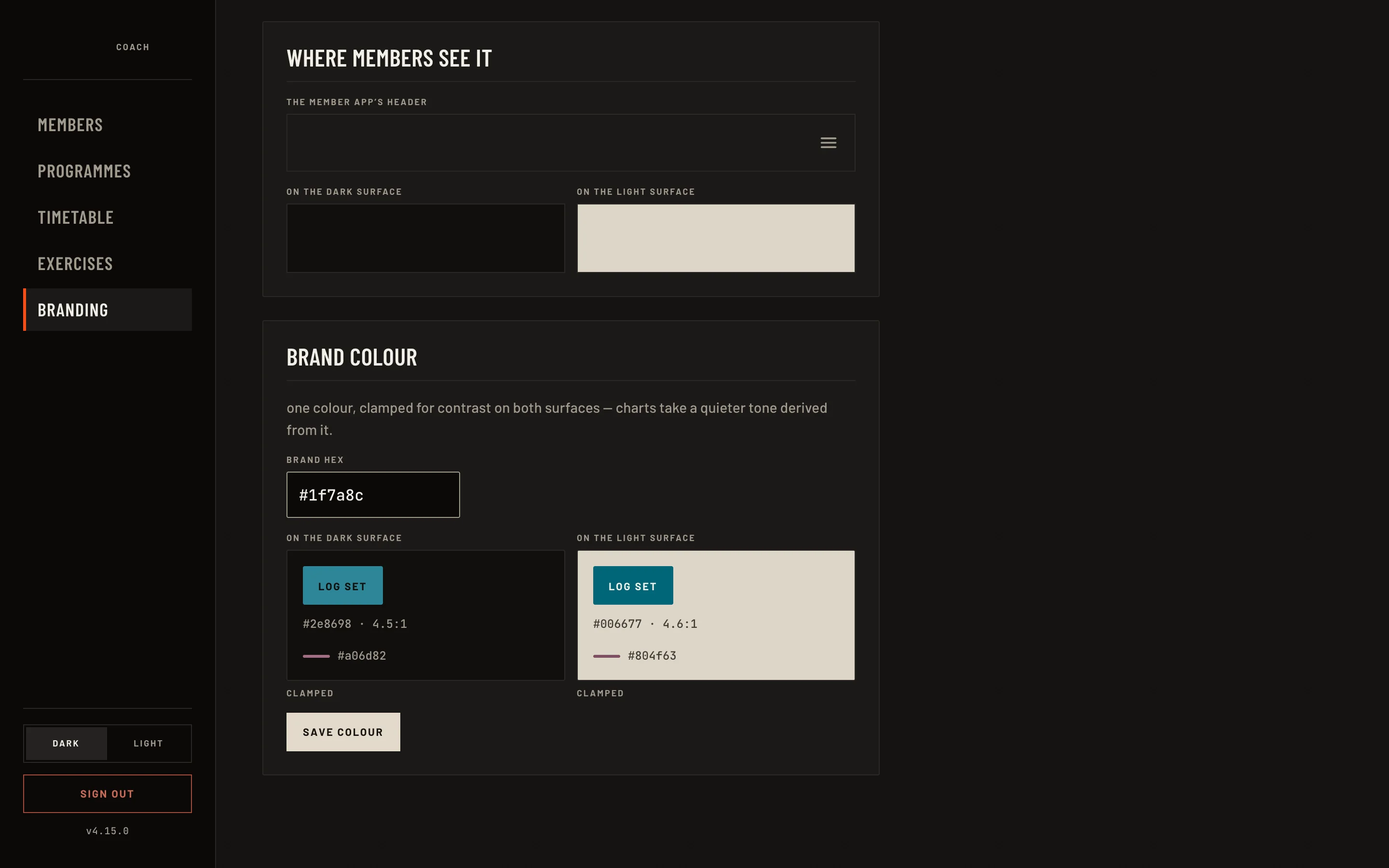 The branding page: one brand hex typed in, previewed as the log-set button on the dark and light surfaces with its contrast ratio, and a save-colour action