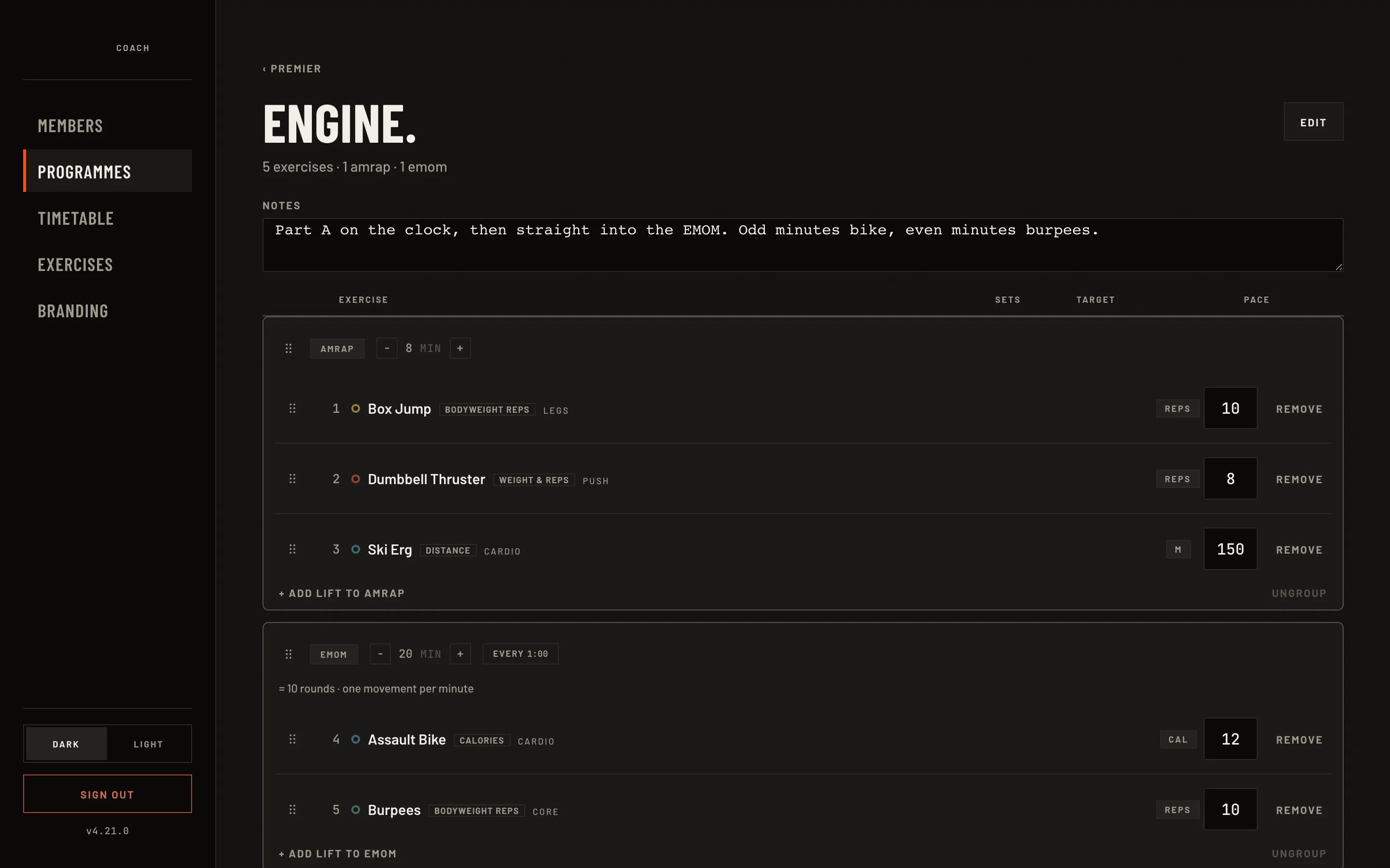 The builder: an eight-minute AMRAP and a twenty-minute EMOM on one workout, with each station's target
