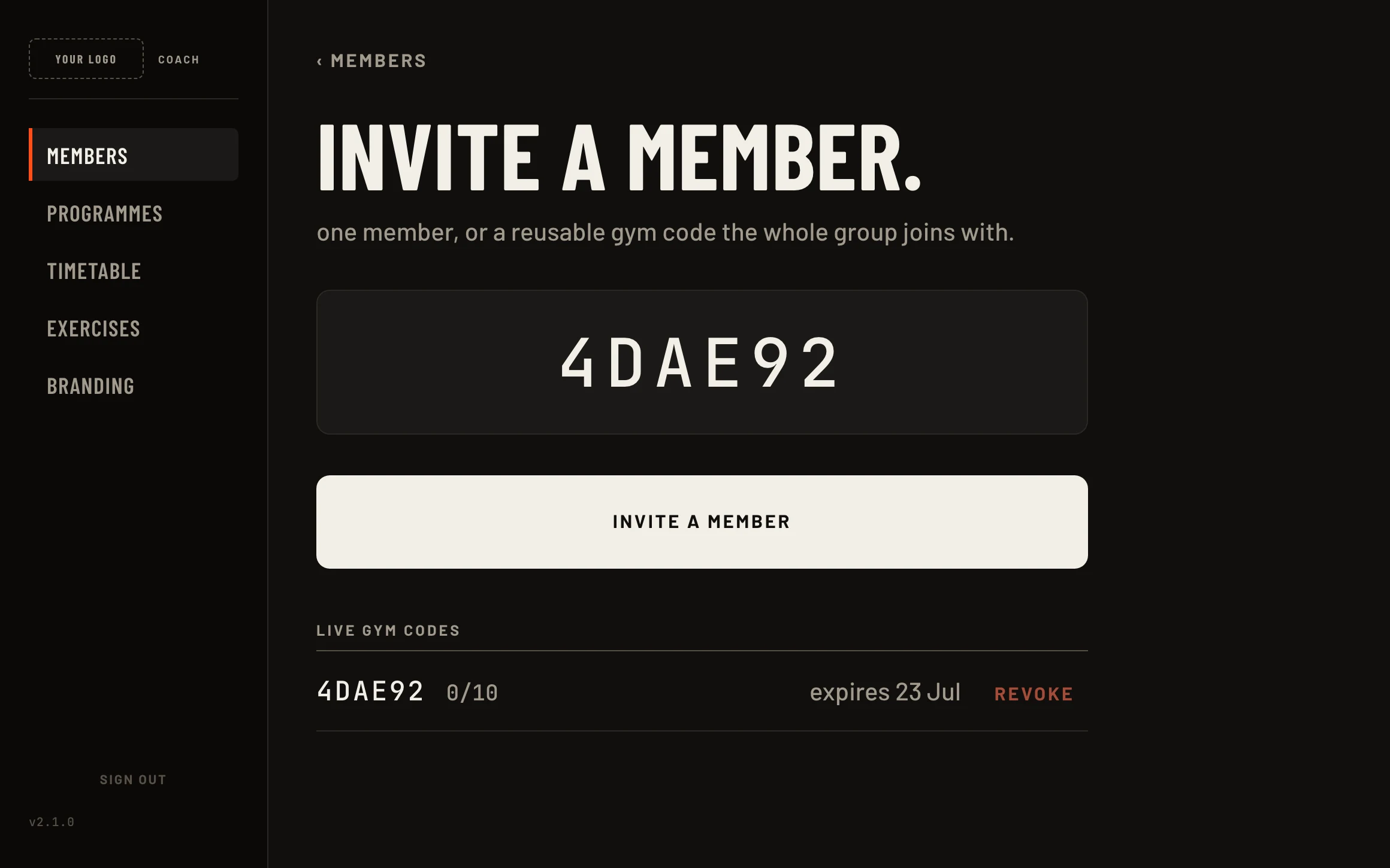 The invite panel: a generated gym code E54A3B with ten seats, none used, expiring in a week, and a live gym-codes ledger below it