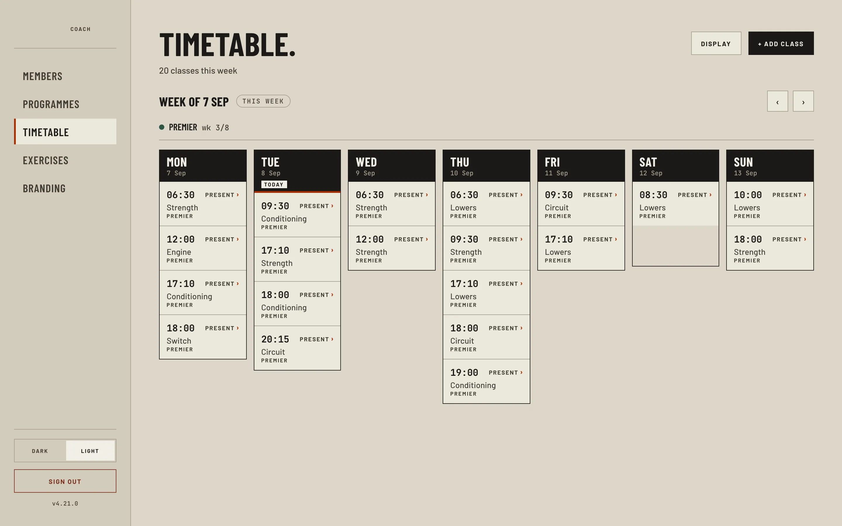 The weekly timetable: classes laid out Monday to Sunday with real dates