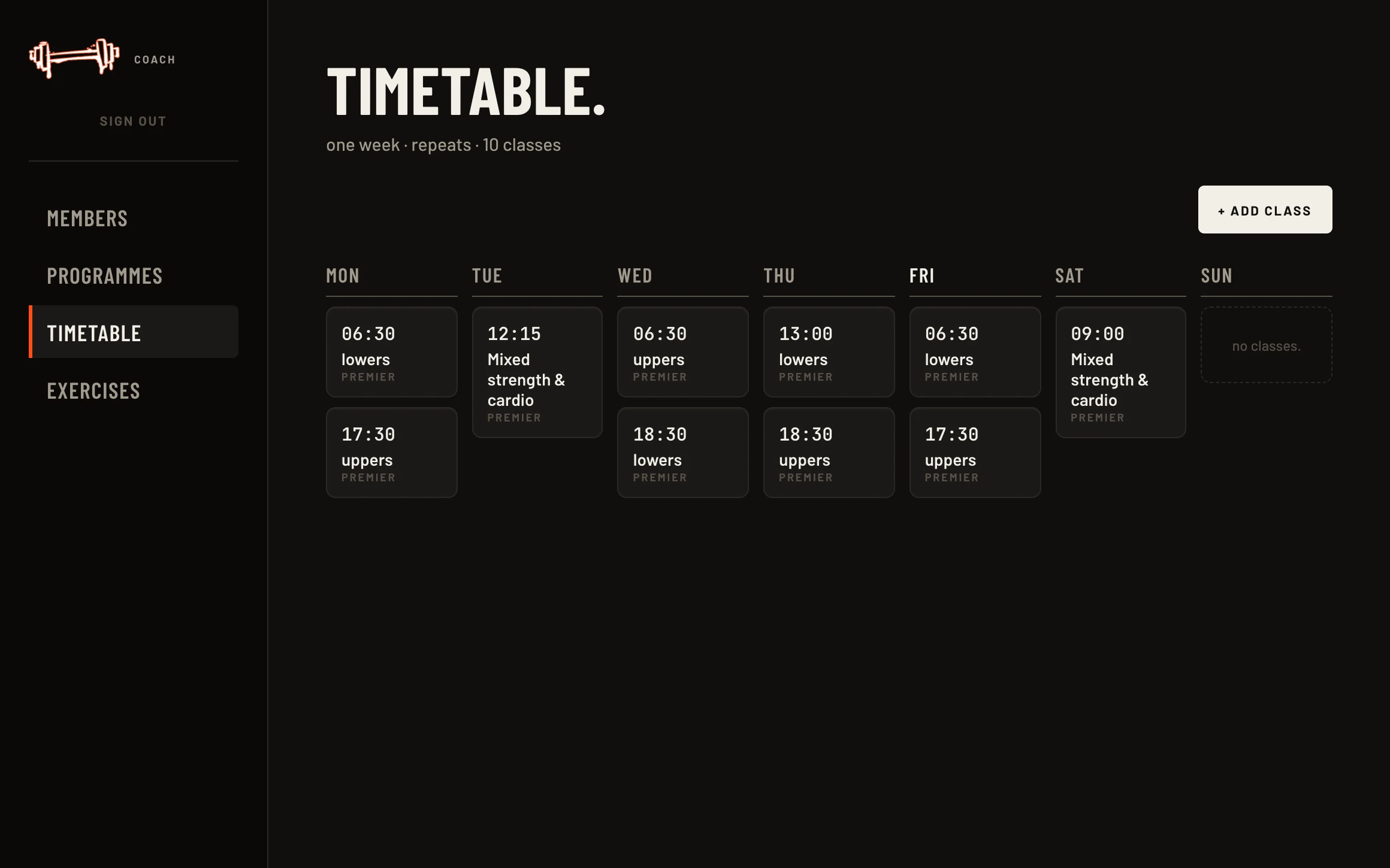 Weekly timetable: ten classes across Monday to Saturday, each a time with its workout and programme