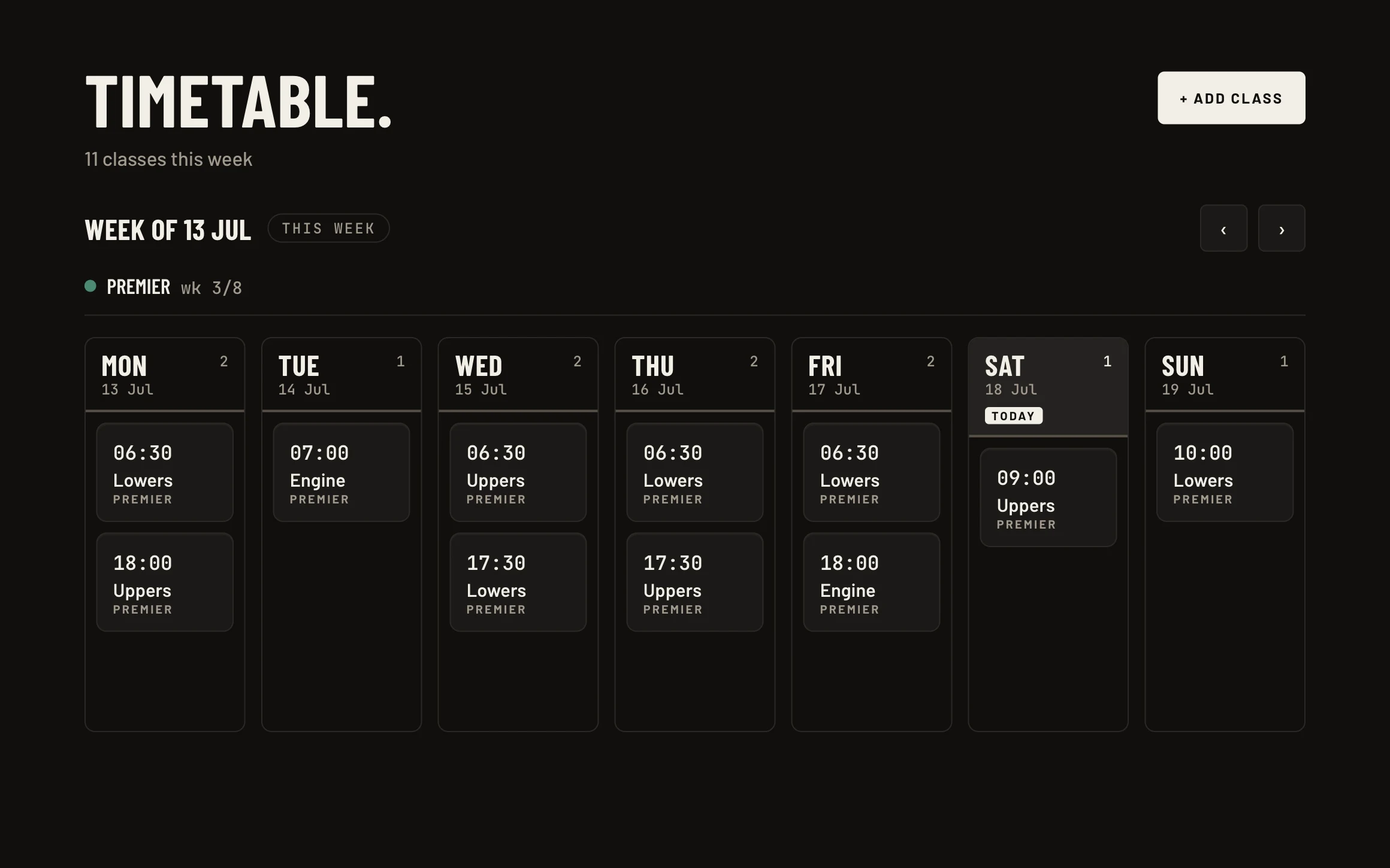 Weekly timetable: eleven classes across the week, each day a card with its times, workouts and programme; the premier programme running week 3 of 8, today highlighted