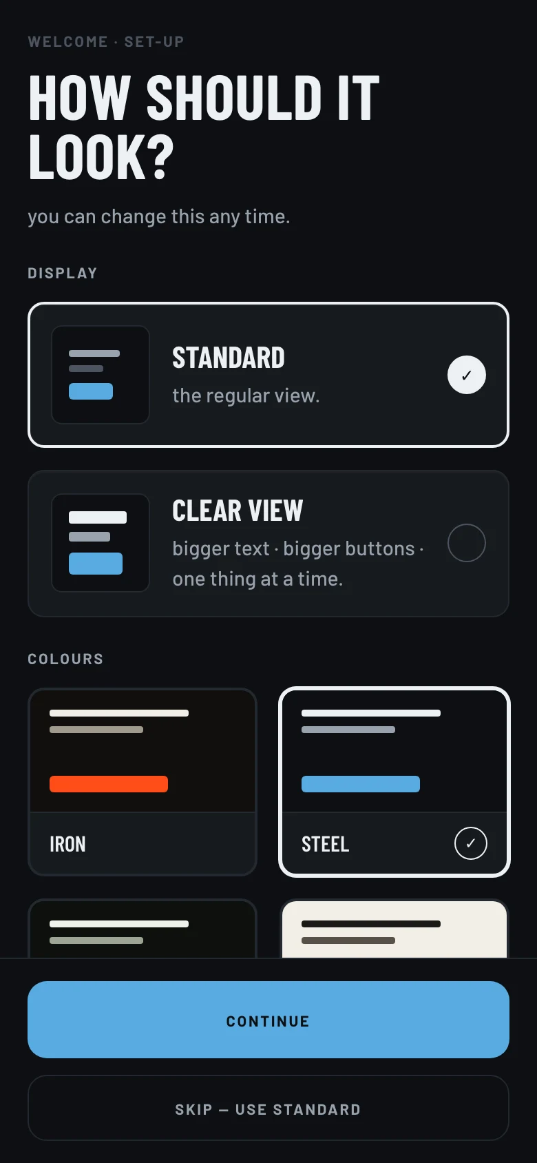 The first-open appearance screen: choose standard or Clear view, and a colour theme — iron, steel, moss or chalk — with steel selected and the screen re-tinted blue
