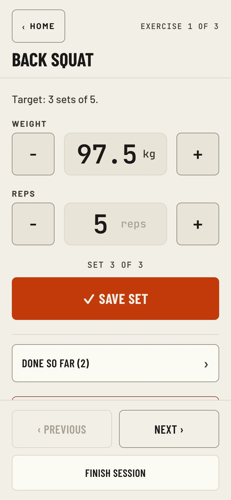 Clear view logger in the chalk theme: Back Squat, target three sets of five, 97.5 kg, set 3 of 3, one big save-set button