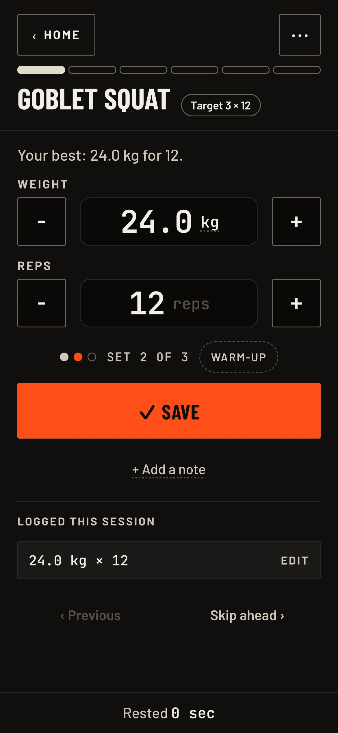 Clear view: logging Goblet Squat, target 3 × 12, with large plus-and-minus steppers for weight and reps, set 2 of 3, and one big save button