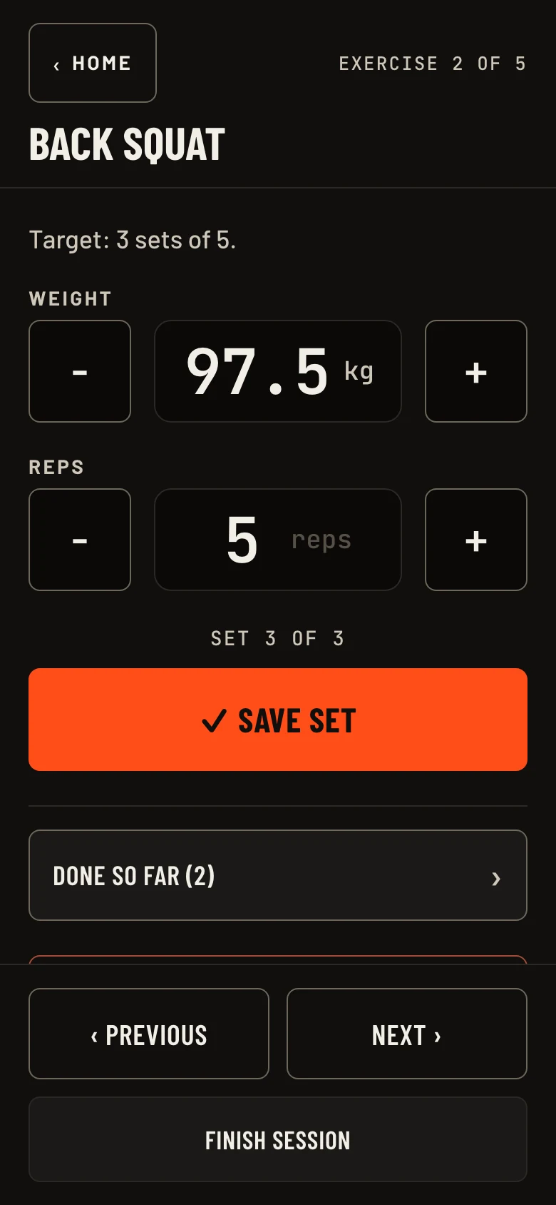 Clear view: logging Back Squat with large plus-and-minus steppers for weight and reps and one big save-set button, one exercise at a time