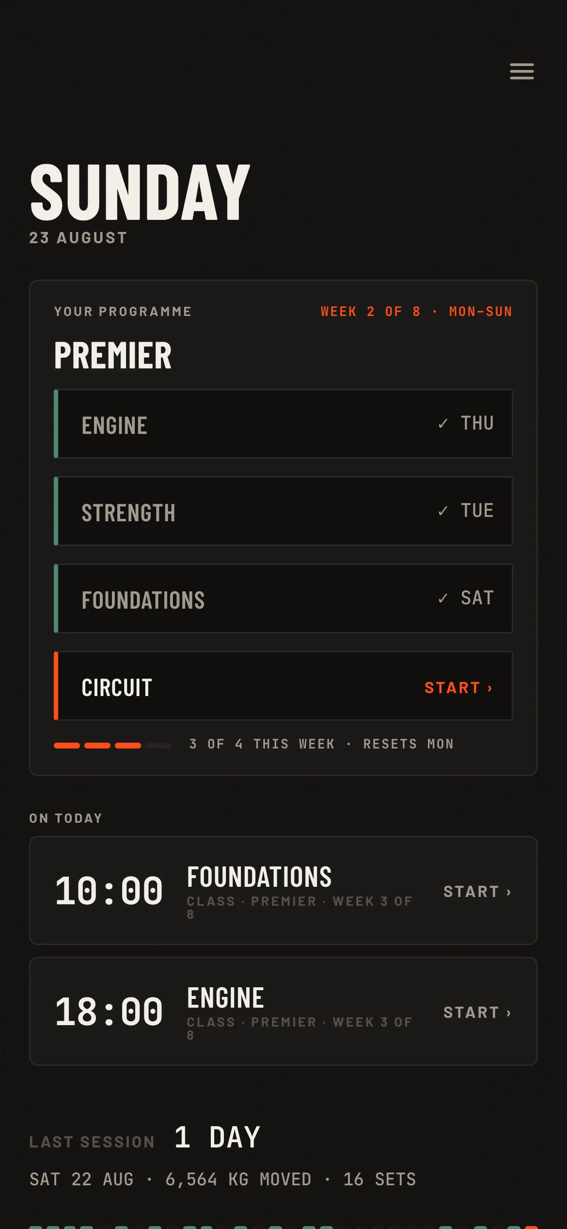 Member home with a personal programme: Premier, week 2 of 8, four sessions with three ticked off and one to start, then today's classes