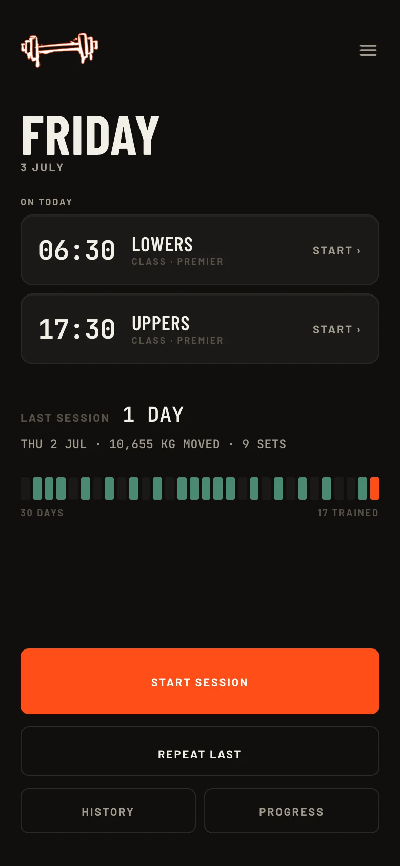 A member's phone: Friday, two classes on today — 06:30 lowers and 17:30 uppers — with a start button