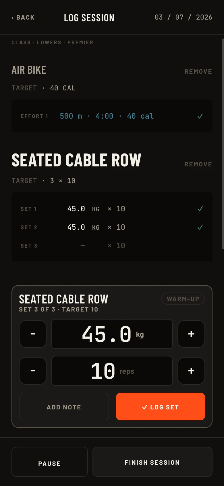 Logging a class session: Air Bike effort done, Seated Cable Row target 3 by 10 with two sets logged at 45 kg, the log-set editor docked at the bottom