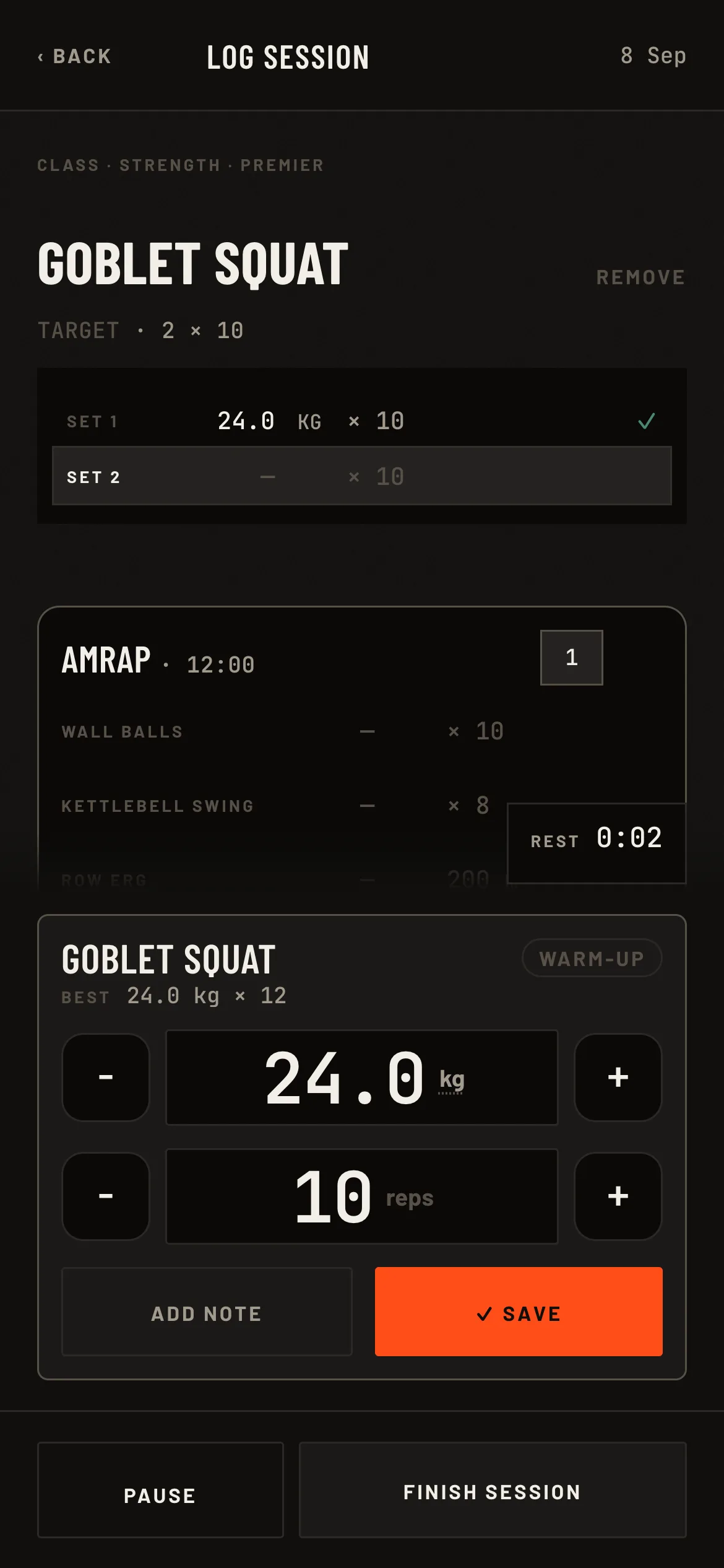 Logging a set on a member's phone: the target ghosted above, the weight picked