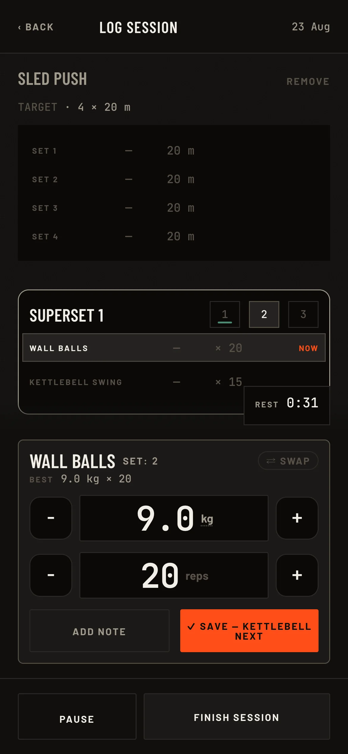 Logging a superset: Wall Balls and Kettlebell Swing, round 1 done and round 2 live, the save button reading 